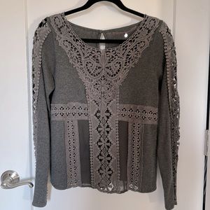ANTHROPOLOGIE Charcoal Grey Boho Knit Top Crochet Lace Accents Semi-Sheer Back